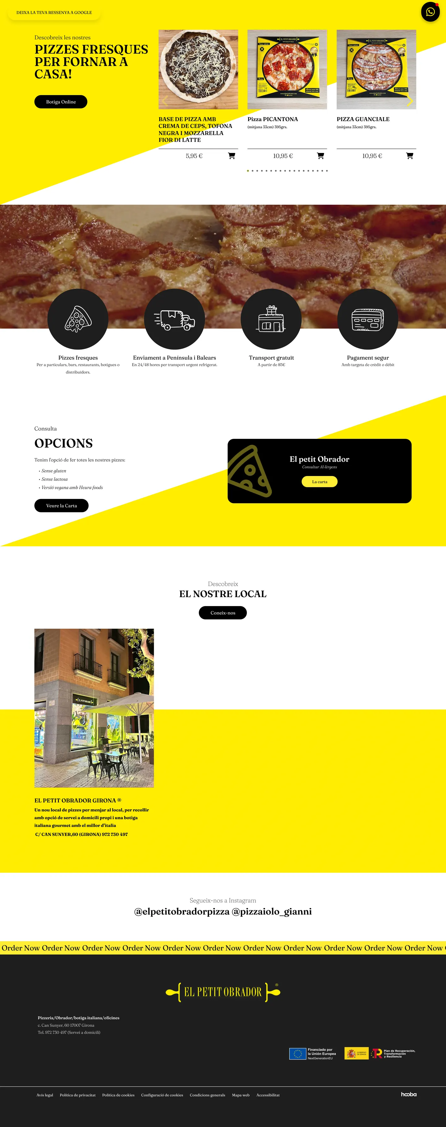 The rest of the El Petit Obrador home page: a pizza carousel on yellow, shipping and payment icons, dietary options and the Girona pizzeria