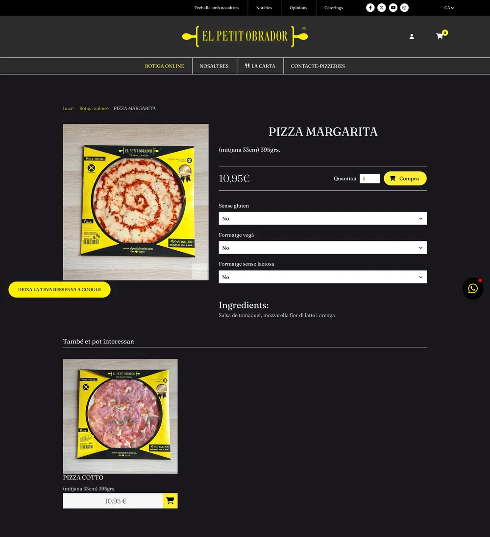 An El Petit Obrador product page for a Margherita pizza, with gluten-free, vegan and lactose-free options