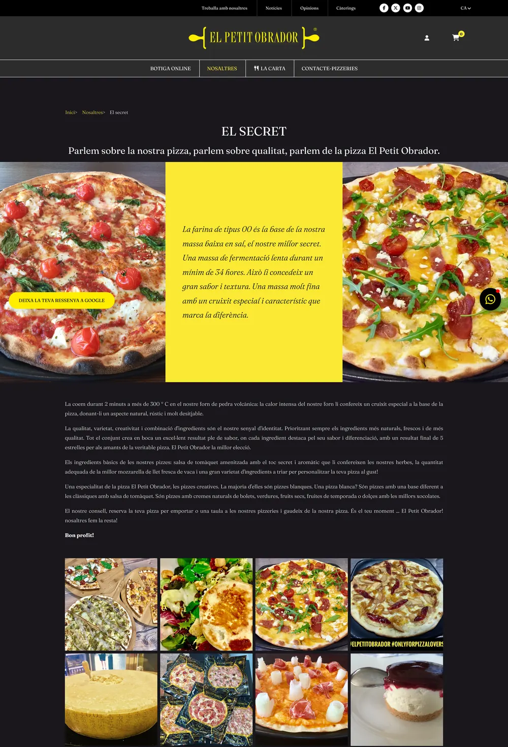 The "El secret" page: a yellow quote about the dough between two pizza photos