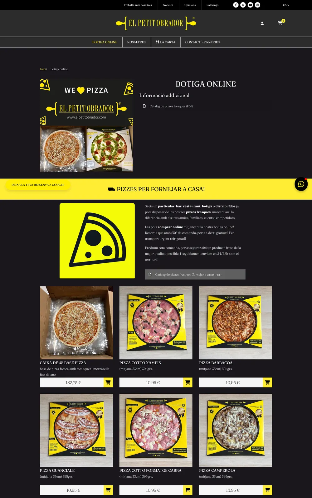 The El Petit Obrador online shop: boxed fresh pizzas in a three-column grid
