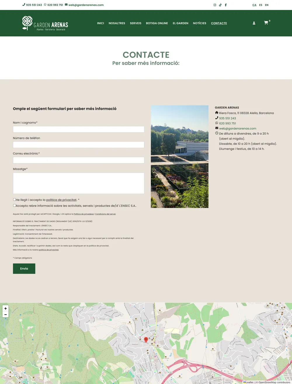 The Garden Arenas contact page: a form, contact details and a map