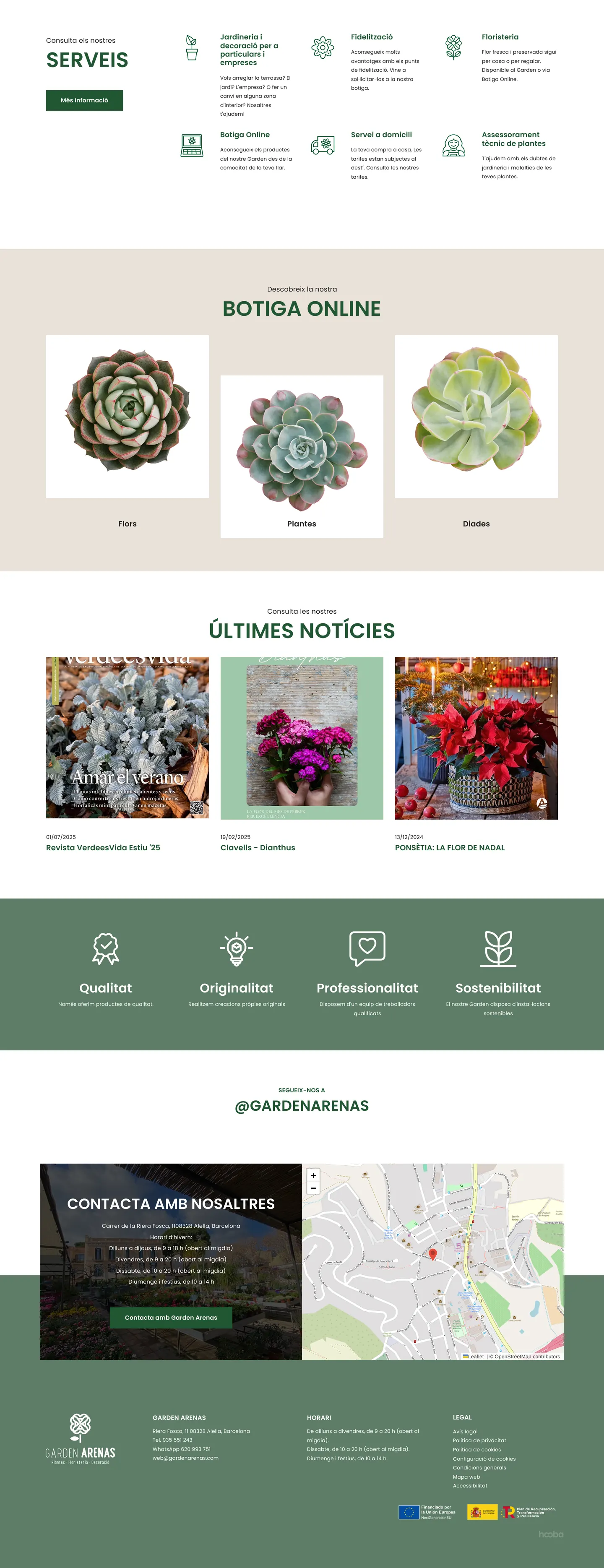 The rest of the Garden Arenas home page: services, the online shop's categories, the latest news, the garden's values, and contact details beside a map