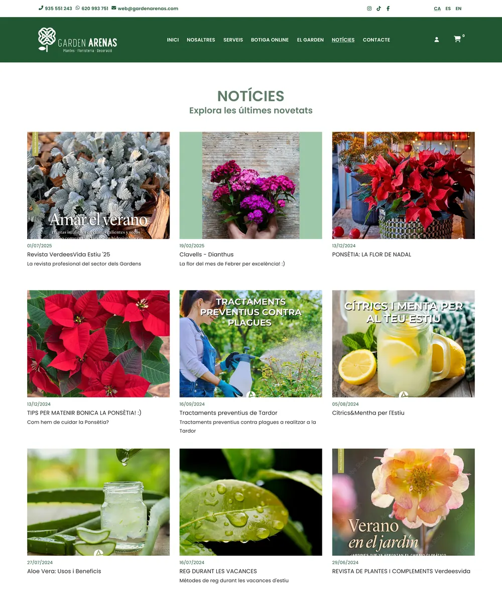 The Garden Arenas news page: a grid of articles with photos