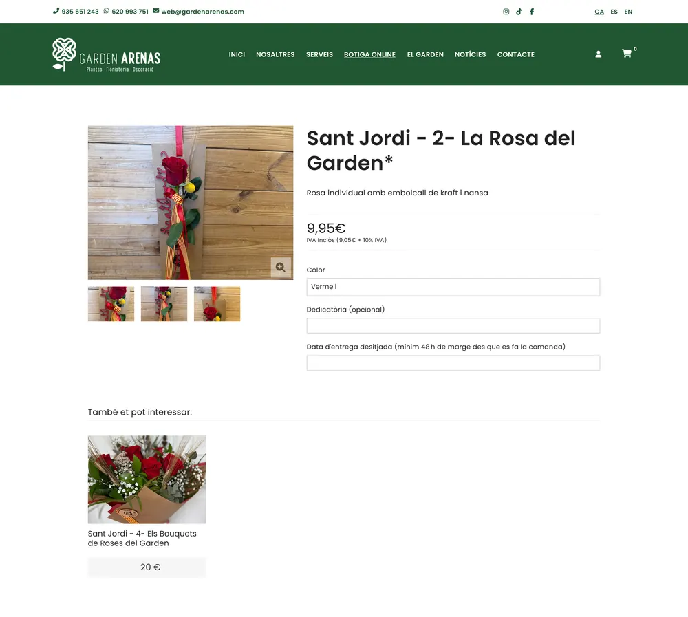 A Garden Arenas product page for a Sant Jordi rose, with colour, dedication and delivery-date fields