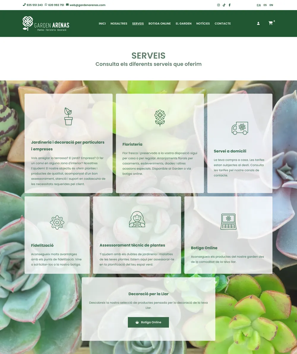 The Garden Arenas services page: frosted cards with icons over a background of succulents