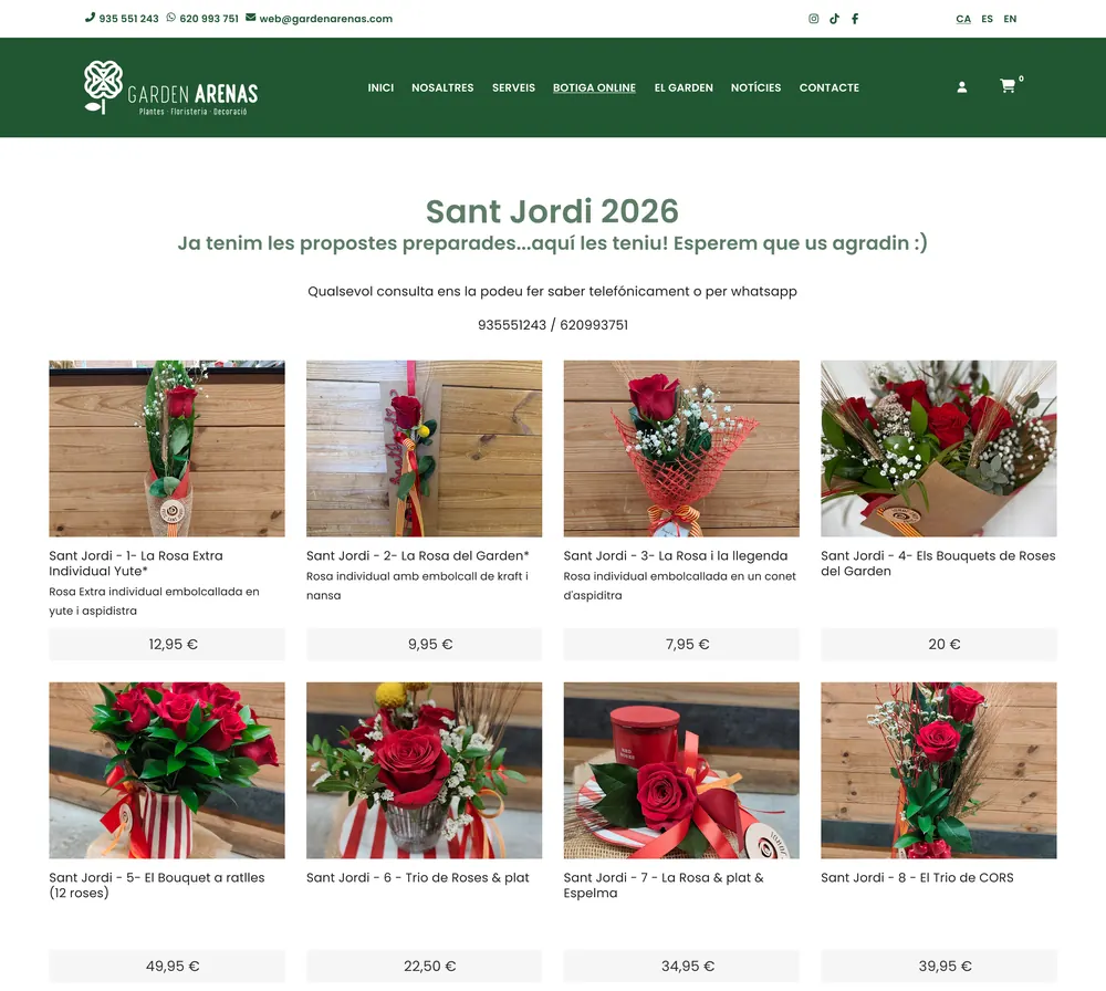 The Sant Jordi 2026 collection in the Garden Arenas online shop: roses and bouquets with their prices