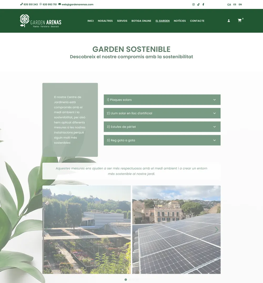 The Garden Arenas sustainability page: the garden's green measures and photos of its solar panels